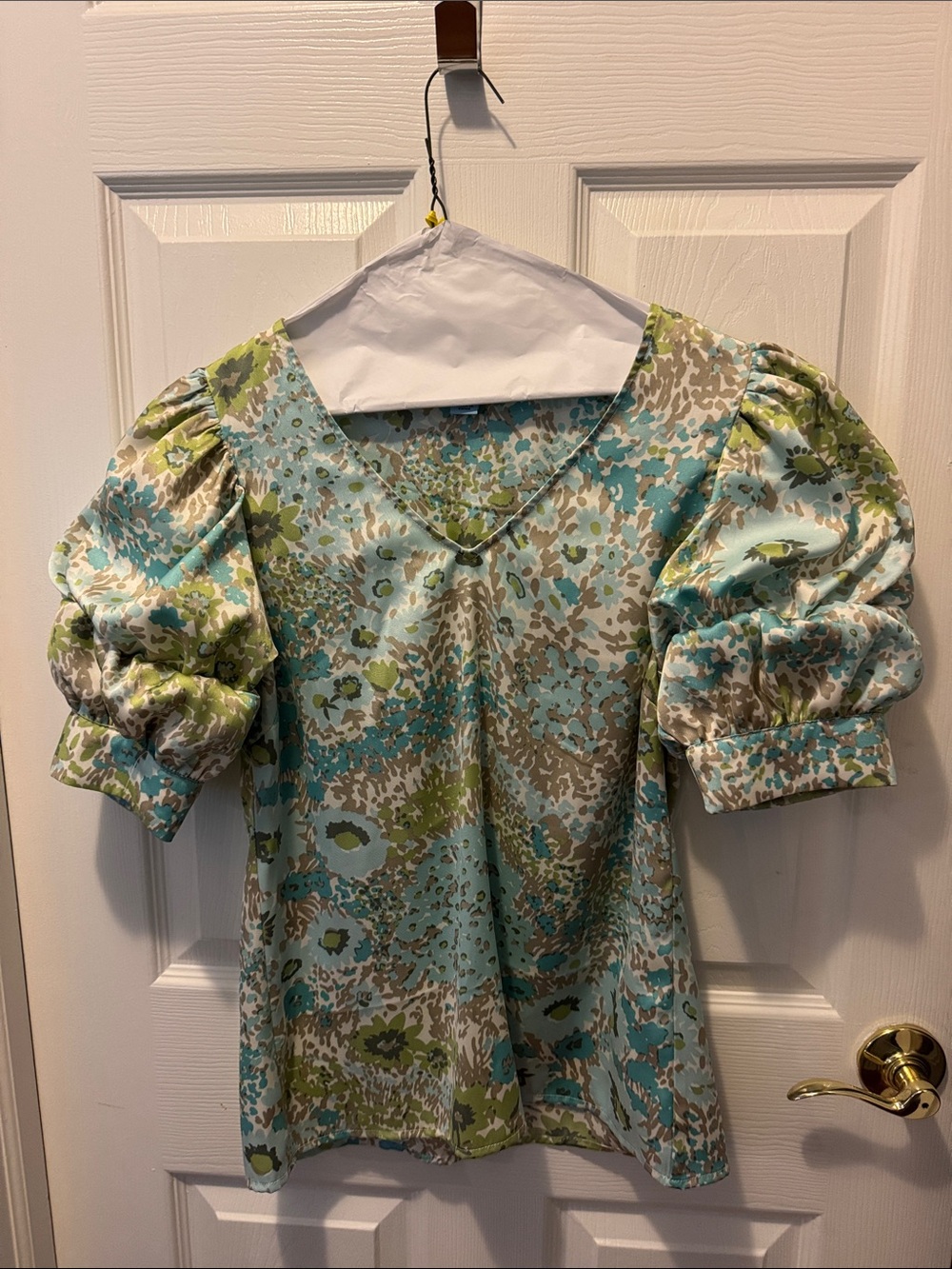 CeCe Floral Puff-Sleeve Dress Top - Aqua & Green